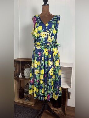 Roz & Ali Dress Blue with Yellow Lemons and Pink Flowers Vibrant Sz XXL(18)